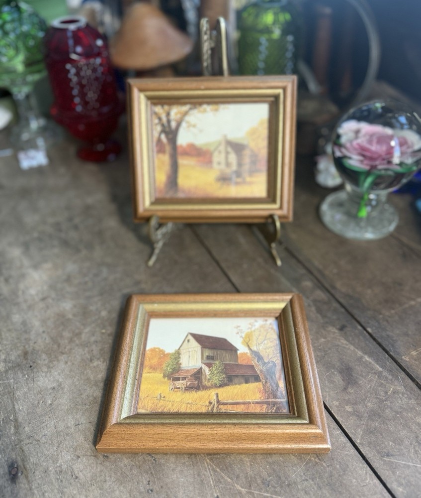 SET OF 2 VINTAGE FARMHOUSE MINATURE PRINTS WITH WOOD FRAME COTTAGE BOHO WALL ART