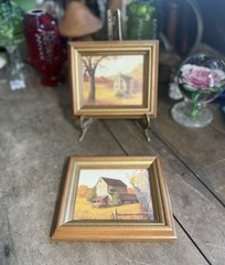 SET OF 2 VINTAGE FARMHOUSE MINATURE PRINTS WITH WOOD FRAME COTTAGE BOHO WALL ART
