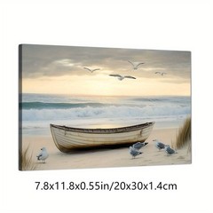 Coastal Beach Boat and Seagulls Canvas Wall Art, Nautical Home Decor