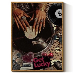 Canvas Framed Wall Art, Retro Black Girl Get Lucky Vinyl Record Painting Prin…