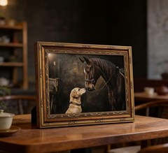 Gold Framed Vintage Horse And Dog Canvas Wall Art Rustic Farmhouse Retro Anim…