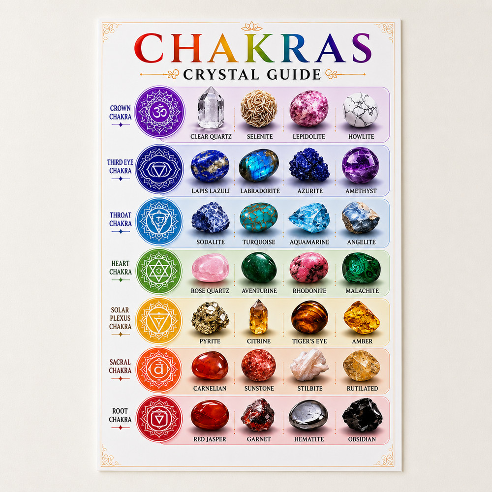 Chakras Crystal Guide Poster Wall Art Home Decor Gemstone Chart | Multiple Sizes