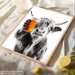 Highland Cow Drinking Beer – Cute Funny Kitchen Animals – Poster