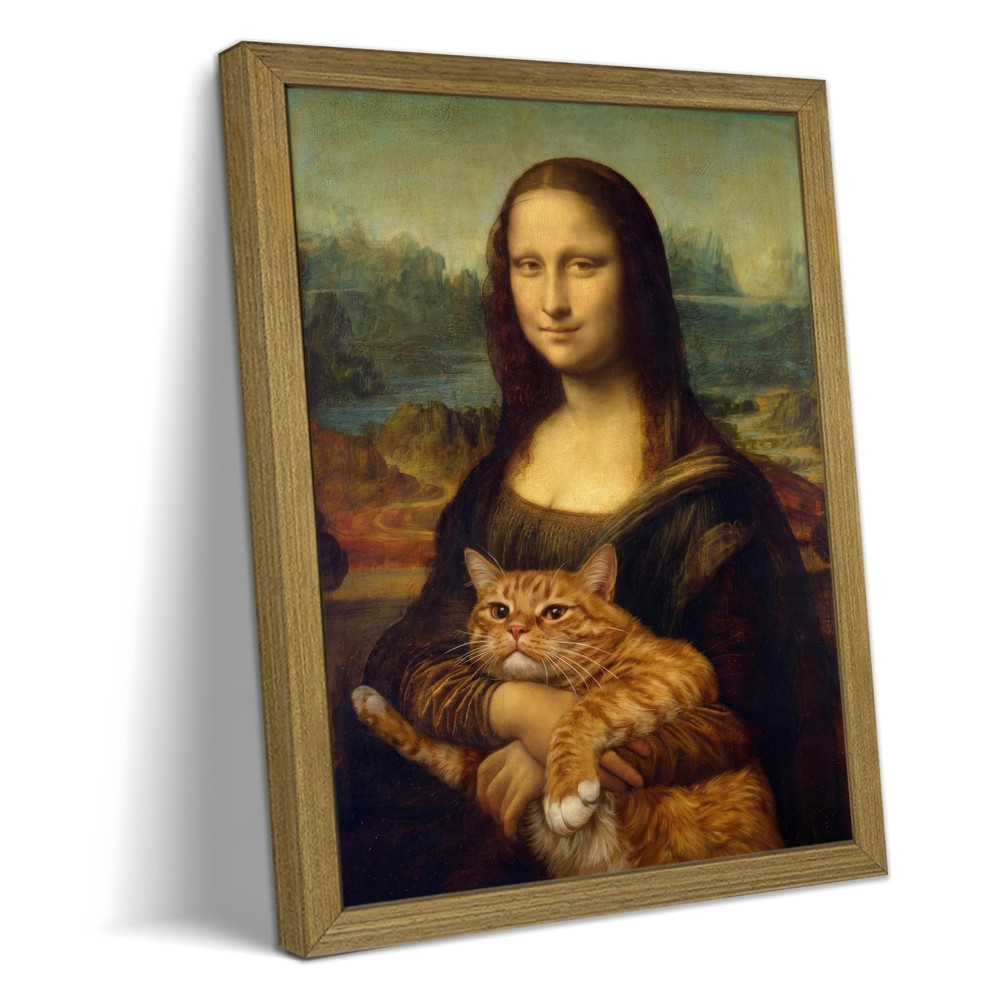 Funny Mona Lisa Cat Wall Art, Vintage Renaissance Mona Lisa Holding Orange Ta…
