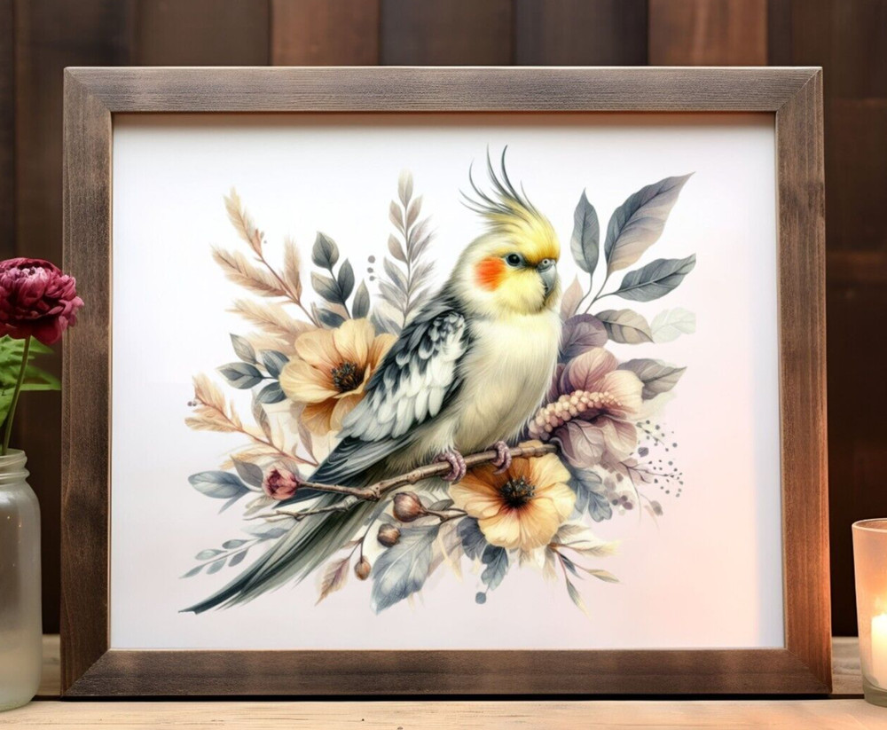 Cockatiel Wall Art Print, Cockatiel and Flowers Print, Wall Art Decor Home Decor