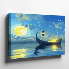 Moonlight Night Canvas Wall Art Blue Boat Lantern Water Reflections Home Decor