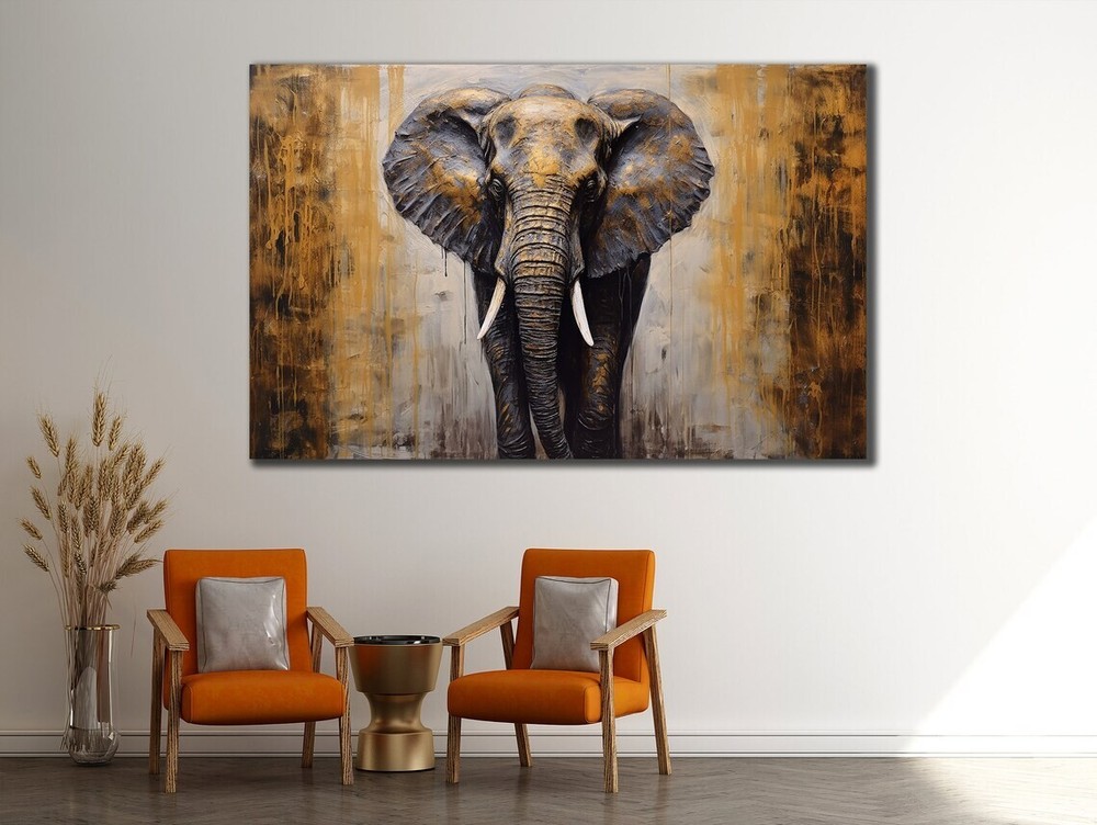 Grey & Golden Big Elephant Oil Paint Wall Art Canvas Unframed Print Art