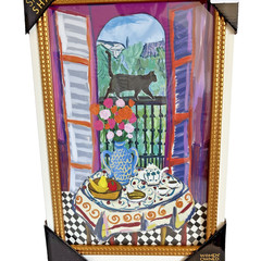 Sapna Shah Black Cat on Ledge Pink Paris Tea Time Floral Window Scene White Gold