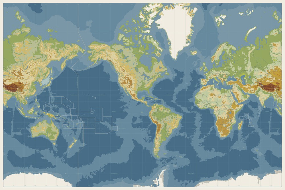 World Map Americas Centered Physical Elevations Map Art Print Poster 18×12