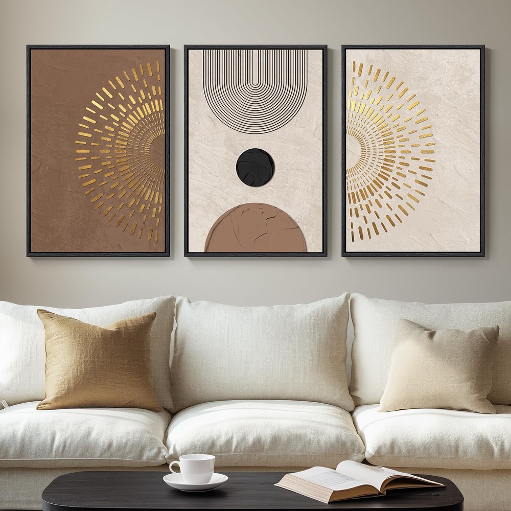 Framed Boho Neutral Abstract Wall Art, 3 Piece Canvas Prints Paintings Artwor…
