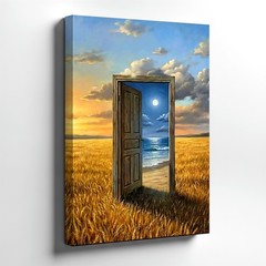 Wall Art Surreal Open Door Wheat Field Moonlit Ocean Landscape Canvas Print