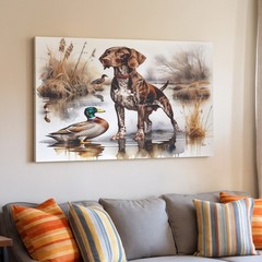 Brown German Shorthaired Pointer Dog and Mallard Duck Canvas Wall Art Print