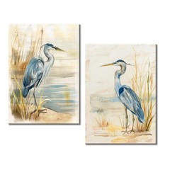 Set of 2 Blue Heron Abstract Canvas Wall Art for Rustic Home Decor