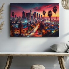 Los Angeles City Skyline Canvas Wall Art Sunset Urban Palm Trees Decor Print