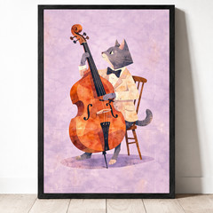 Whimsical Cat Wall Art, Watercolor Animal Print, Music Decor Gift 11×17 Framed