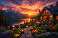 Digital Download Photo -Luxury Lakeside Cabin Sunset Mountain Landscape Wall Art