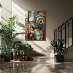 Abstract Art Deco Style Wall Art Print on Canvas Modern Gold Teal Copper Artwork