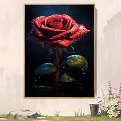 Canvas Art Dewy Red Rose Dark Rainy Single Flower Wall Decor