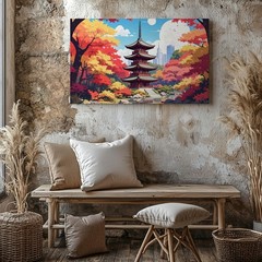 Autumn Pagoda Reflection Canvas Colorful Japanese Fall Landscape Art Wall Art