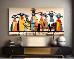 Mid Century Modern Birds on Wire Canvas Wall Art Large Framed Ready to Hang Art