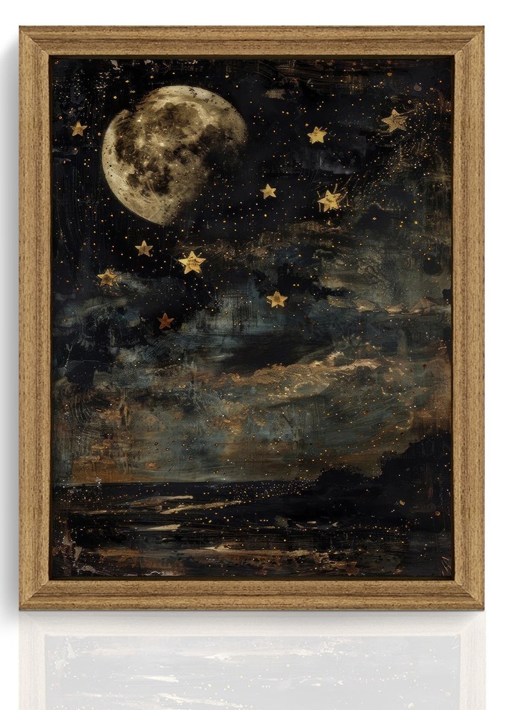 Moon and Stars Celestial Canvas Wall Art, Mystical Moody Night Sky Poster Pri…
