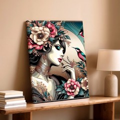 Wall Art Art Nouveau Woman Floral Portrait with Hummingbirds Decorative Print