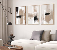 Beige Abstract Wall Art Painting Set of 3 Neutral Canvas Wall Art Prints Black B