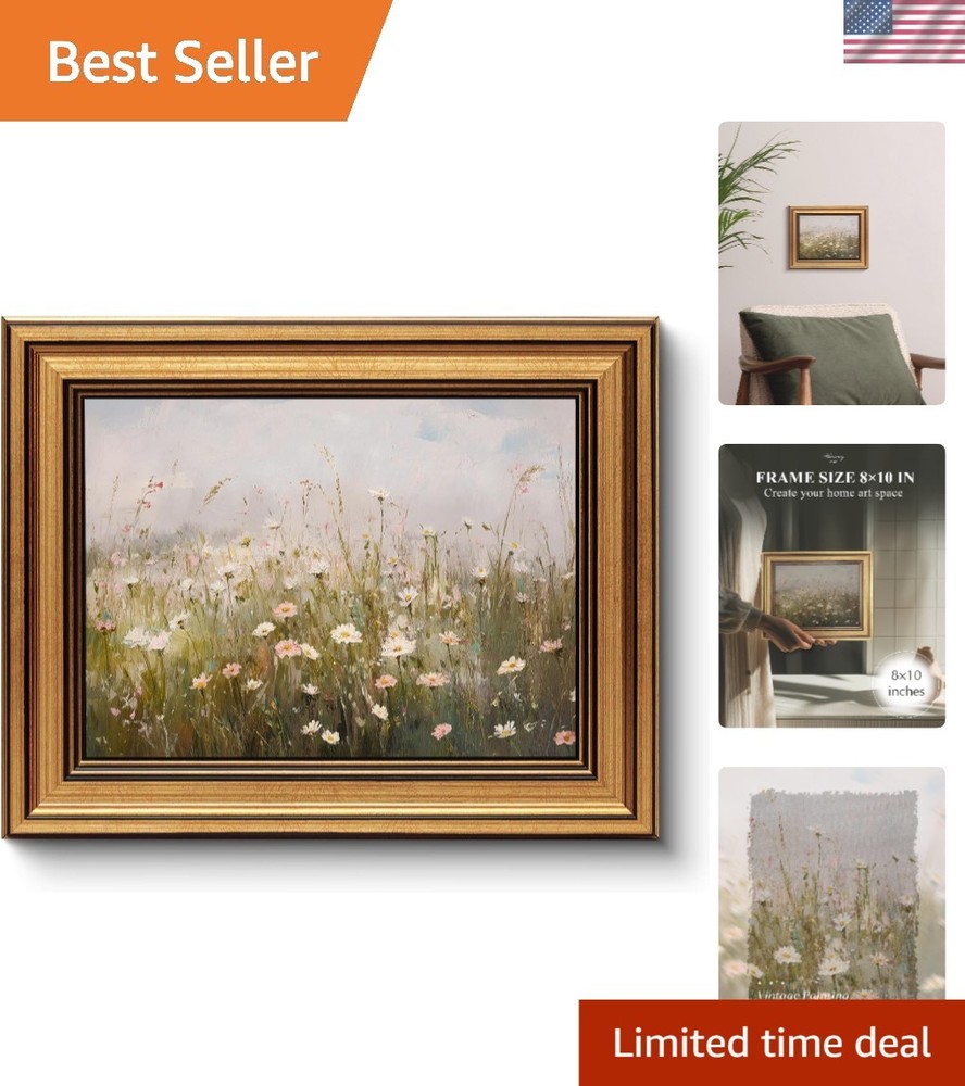 Elegant Gold Framed Floral Canvas Art – Morning Meadow 8×10 Inch Decor