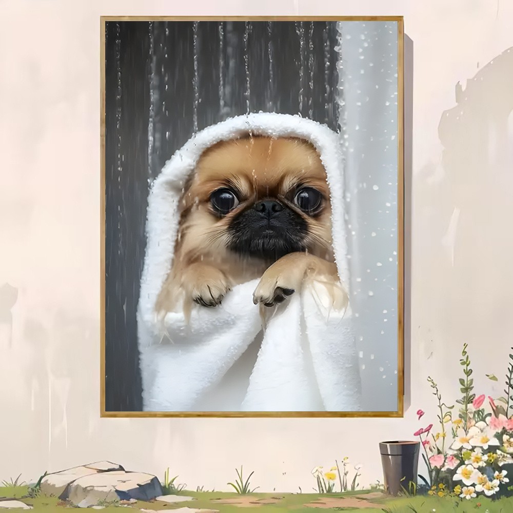 Framed Canvas Pekingese Dog Wrapped Towel Shower Cute Bathroom Decor