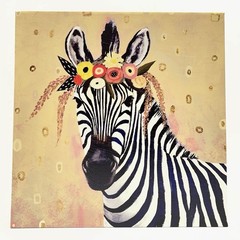 Zebra Canvas Wall Art 18×18” Floral Crown Animal Flowers Black and White Gold