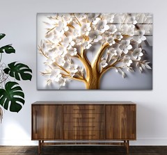 Golden Blooming Tree Wall Art – White Flower Glass Print for Elegant Decor