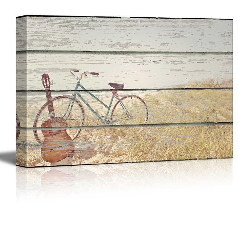Canvas Wall Art – Bike and Guitar on Vintage Wood Textured Background- 16″ x 24″