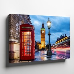 London Night Scene Canvas Wall Art Featuring Iconic Red Telephone Booth and