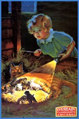 CAT FEEDING KITTENS GIRL CHILD AT NIGHT WITH FLASHLIGHT VINTAGE POSTER REPRO