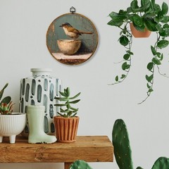Vintage Bird Round Wall Art Decor, Antique Framed Bird on Bowl Canvas Prints,…