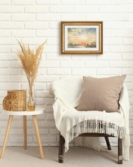 Gold Framed Serene Watercolor Landscape Sunrise, Elegant Coastal Wall Art for…
