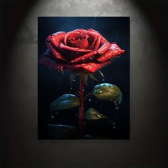 Canvas Art Dewy Red Rose Dark Rainy Single Flower Wall Decor
