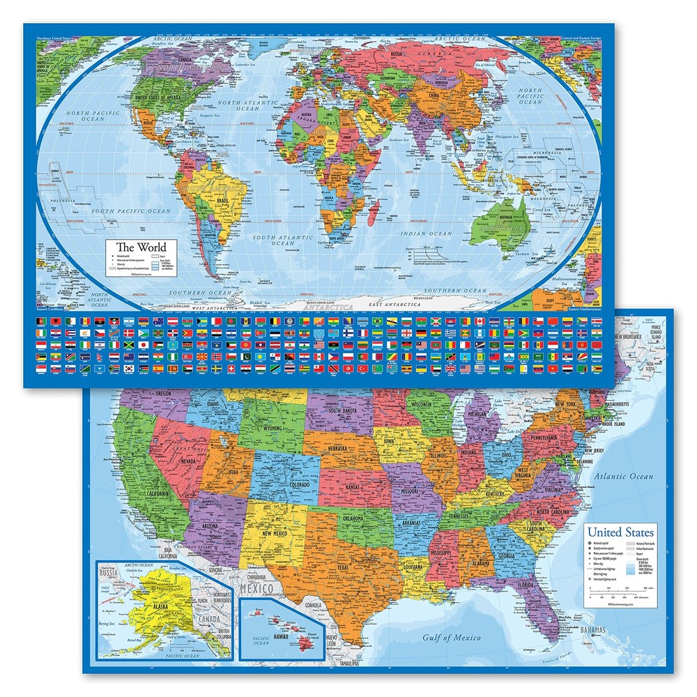 2 Pack – Laminated World Map Poster & USA Set – Equal 18” x 29”, Blue