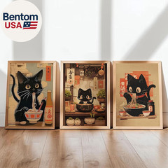 3Pcs Japanese Black Cat Canvas Wall Art Vintage Cat Eating Ramen Posters Prints