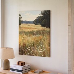 Golden Meadow Canvas Sunlit Wildflower Landscape In Soft Pastels Where Nature