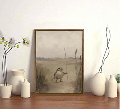 Framed Whimsical Frog Traveler Wall Art Vintage Cottagecore Painting Animal Canv