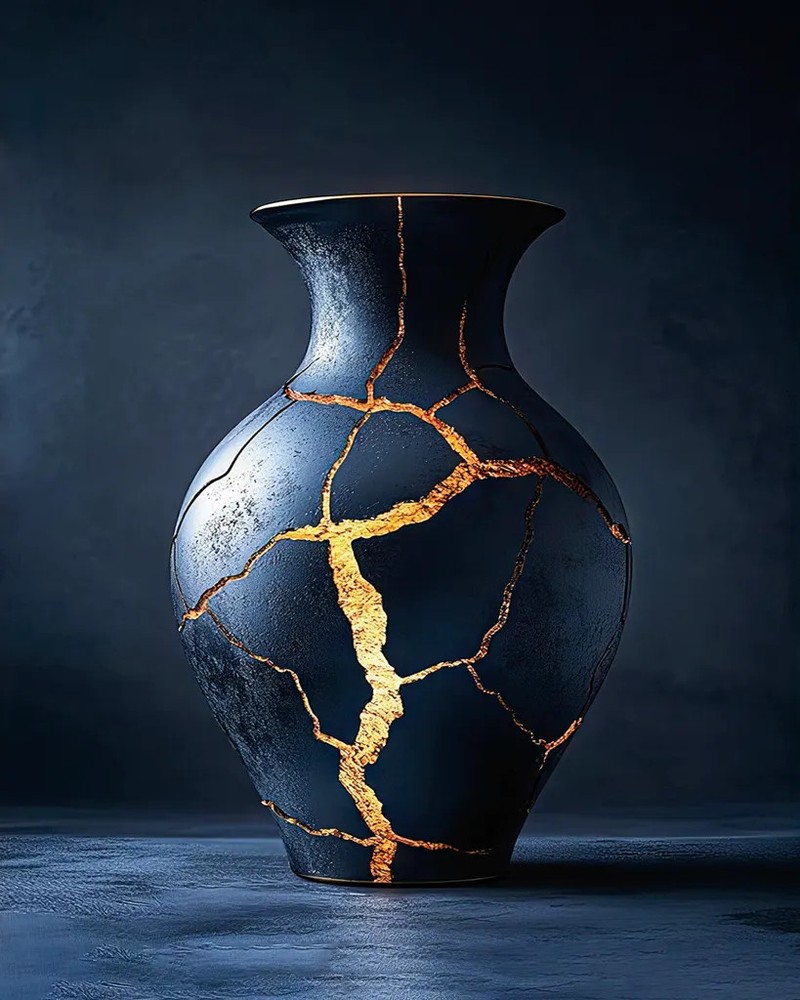 Blue Ceramic Vase With Gold Crackle Pattern, Decorative Home Decor Piece Display
