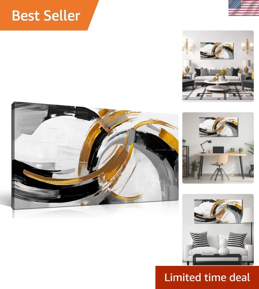 Large Abstract Canvas Wall Art for Living Room Black White and Gold Minimalis…