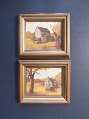 SET OF 2 VINTAGE FARMHOUSE MINATURE PRINTS WITH WOOD FRAME COTTAGE BOHO WALL ART