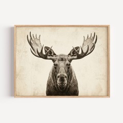 Vintage Rustic Moose Head Portrait Wall Art, Hyper Realistic Woodland Animal Art