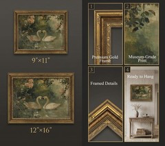 Vintage Gold Frame Romantic Swan Canvas Wall Art Classical Lake Couple Swan W…