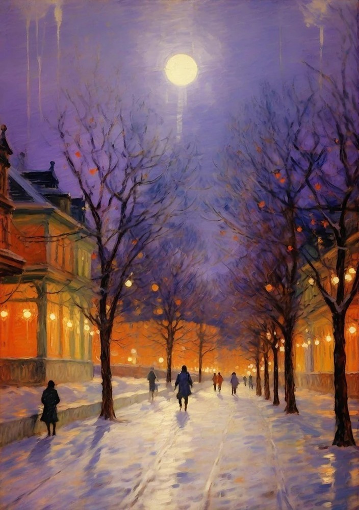 Winter I0 Night View, Angelita Hawke, Wall Decor Art Print Poster 14″ x 11″