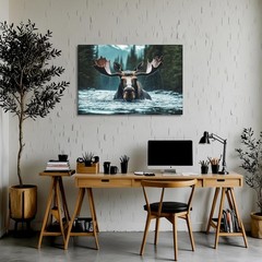 Moose Canvas Wall Art Rustic Woodland Animal Prints Moose in the Lake Picture…