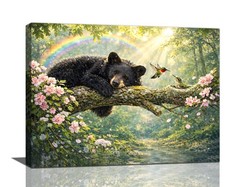 Rainbow Black Bear Pictures Wall Art, Cute Bear Forest Animal Bathroom Wall D…