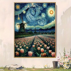 Framed Canvas Starry Night Dutch Windmill Tulip Field Classic Oil Decor